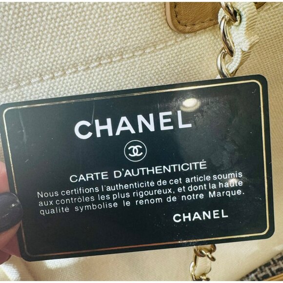 Chanel Beige Canvas & Leather Chain Tote Bag With Dual Handles & Logo Embroidery - Picture 15 of 16